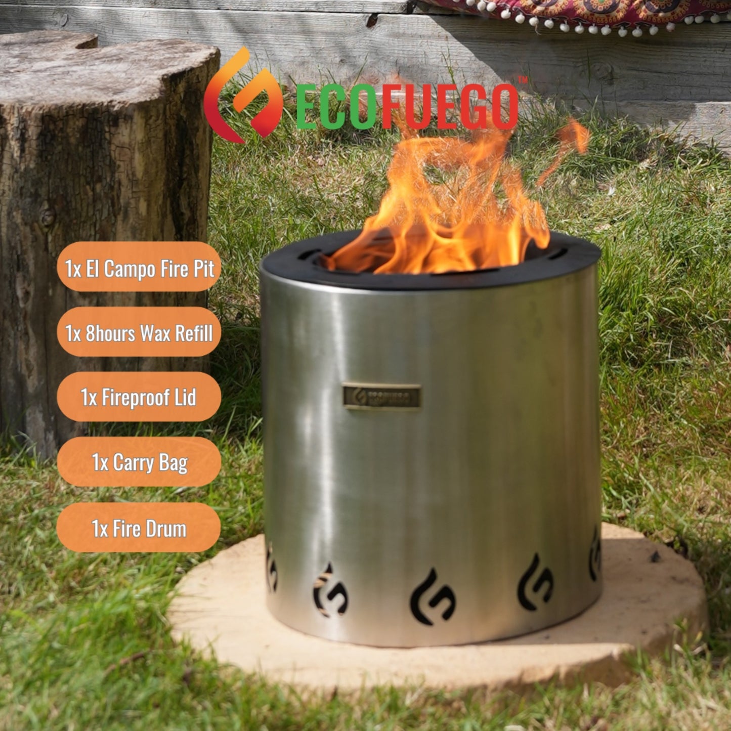 El Campo Portable Wax-Burning Fire Pit – Clean-Burning, No-Wood Fuel with 8-Hour Wax Refill – Compact and Durable for Camping, Travel, and Outdoor Use – Stainless Steel Finish